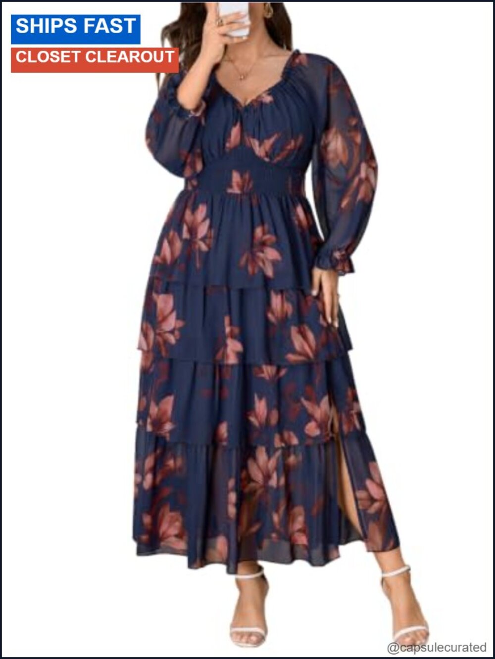 Plus Size Floral Maxi Dress Long Sleeve Sweetheart Neckline